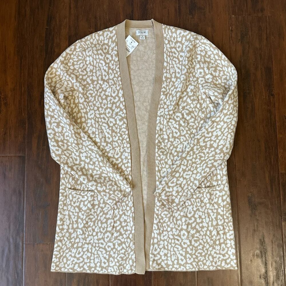 J.CREW Cardigan Sweater Khaki Ivory Leopard Animal Print Open Front NWT